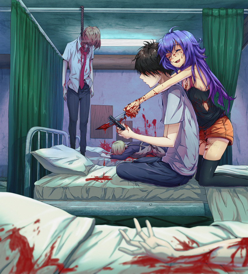 1girl absurdres arina_chaika bed blood blue_hair closed_eyes commentary commission corpse curtains death english_commentary full_body highres horror_(theme) hospital hospital_bed hug indoors knife long_hair original phone self_upload short_hair shorts smile yandere