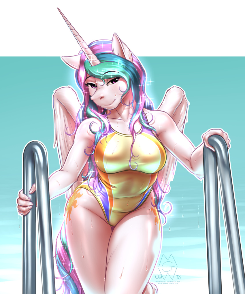 2018 absurd_res anthro clothing cutie_mark digital_media_(artwork) equine female friendship_is_magic hair hi_res horn long_hair looking_at_viewer mammal multicolored_hair my_little_pony mykegreywolf one-piece_swimsuit princess_celestia_(mlp) solo swimsuit wet winged_unicorn wings