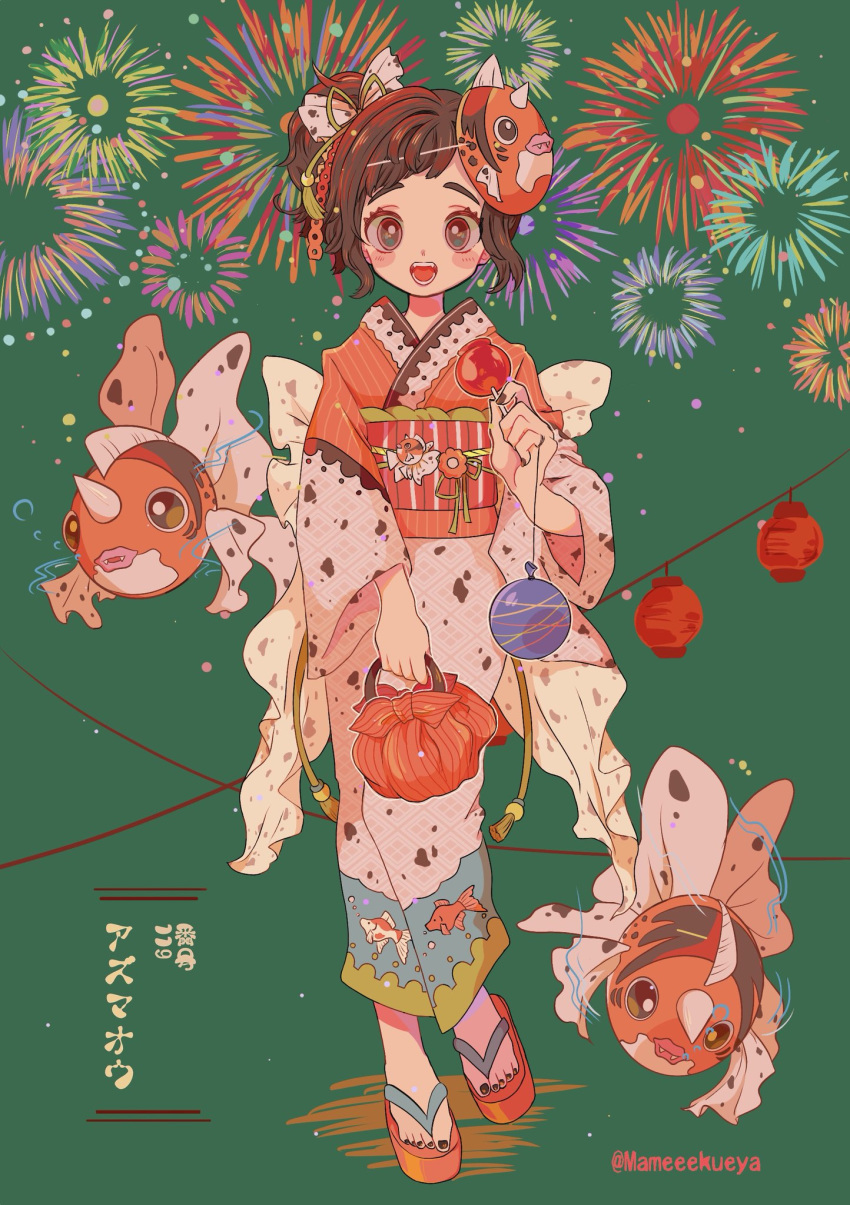 air_bubble artist_name blush bow brown_hair bubble candy creature fangs fireworks fish food foot_up full_body green_background grey_eyes hair_bow highres holding horn japanese_clothes kimono lantern long_sleeves looking_at_viewer mameeekueya mask mask_on_head moemon open_mouth personification pokemon pokemon_(creature) ponytail print_kimono sandals seaking short_hair smile standing translation_request water_yoyo wide_sleeves zouri