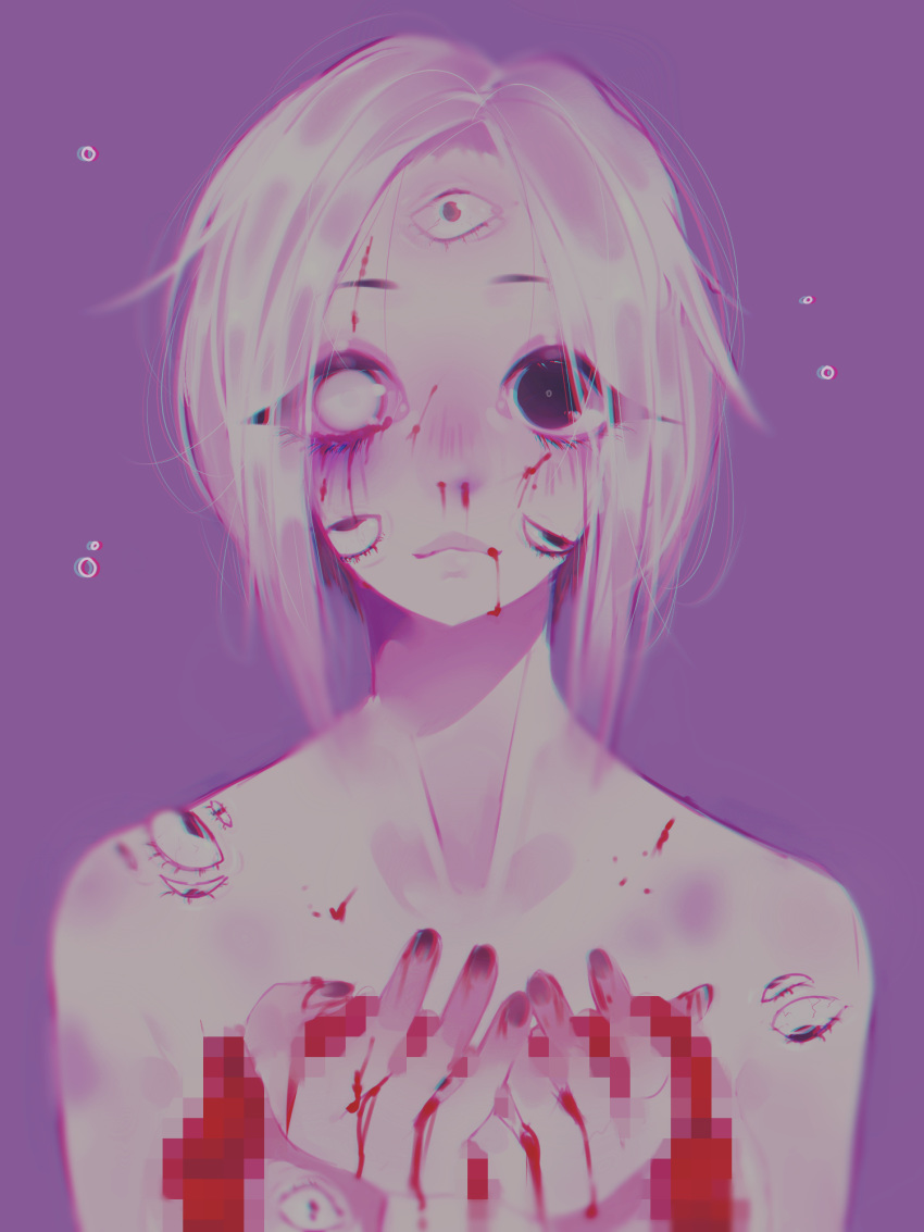 bangs black_eyes blood blush censored chariko closed_mouth commentary english_commentary extra_eyes heterochromia highres looking_at_viewer mosaic_censoring nose_blush nosebleed original parted_bangs phone purple_background short_hair simple_background solo white_eyes