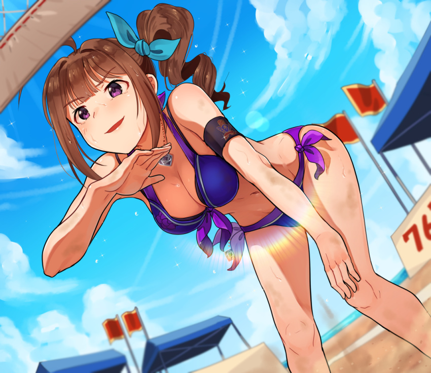 ahoge beach bent_over breasts brown_hair cleavage cloud collarbone day drill_hair eyebrows_visible_through_hair feet_out_of_frame flag hand_on_own_knee idolmaster idolmaster_million_live! idolmaster_million_live!_theater_days jewelry kamille_(vcx68) large_breasts looking_away necklace outdoors parted_lips purple_eyes short_hair side_drill solo standing sweat yokoyama_nao