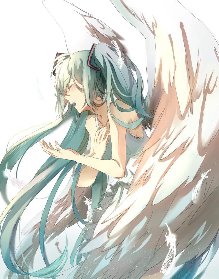 ahoge angel aqua_hair bangs bare_arms bare_shoulders blush chinese_commentary closed_eyes collarbone commentary_request dress eyebrows_visible_through_hair feathered_wings feathers hair_ornament hand_up hatsune_miku highres long_hair mixed-language_commentary music open_mouth pixiv13573939 profile simple_background singing sleeveless sleeveless_dress solo sundress twintails upper_teeth very_long_hair vocaloid white_background white_dress wings