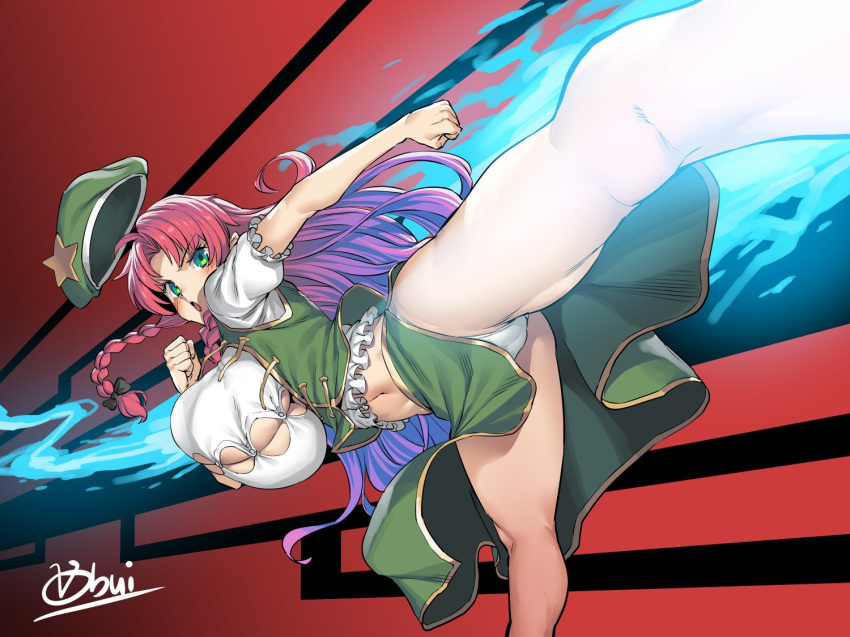 aura beret blue_fire braid breasts bursting_breasts cameltoe chinese_clothes cleavage clenched_hands commentary_request fire foreshortening green_eyes green_skirt hat hong_meiling huge_breasts kicking long_hair long_skirt navel no_bra obui panties pantyshot_(kicking) red_background red_hair shirt side_braids signature skirt solo standing standing_on_one_leg star_hat_ornament toned touhou twin_braids underboob undersized_clothes underwear white_panties