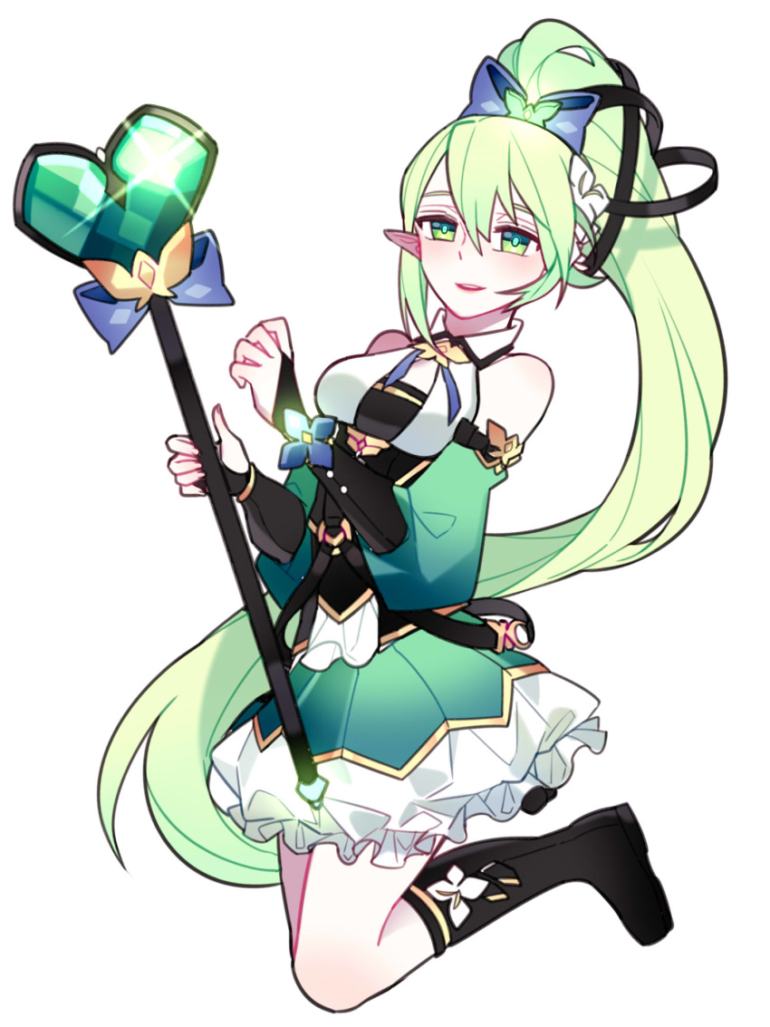 bare_shoulders black_footwear black_ribbon blue_neckwear boots bright_pupils chuki_(lydia) commentary detached_sleeves elf elsword flower frills full_body glint gold_trim green_eyes green_hair green_sleeves hair_flower hair_ornament half-closed_eyes highres holding holding_wand knee_boots long_hair long_sleeves neck_ribbon o-ring open_mouth parted_lips pointy_ears puffy_long_sleeves puffy_sleeves rena_(elsword) ribbon side_ponytail wand white_background wind_sneaker_(elsword)