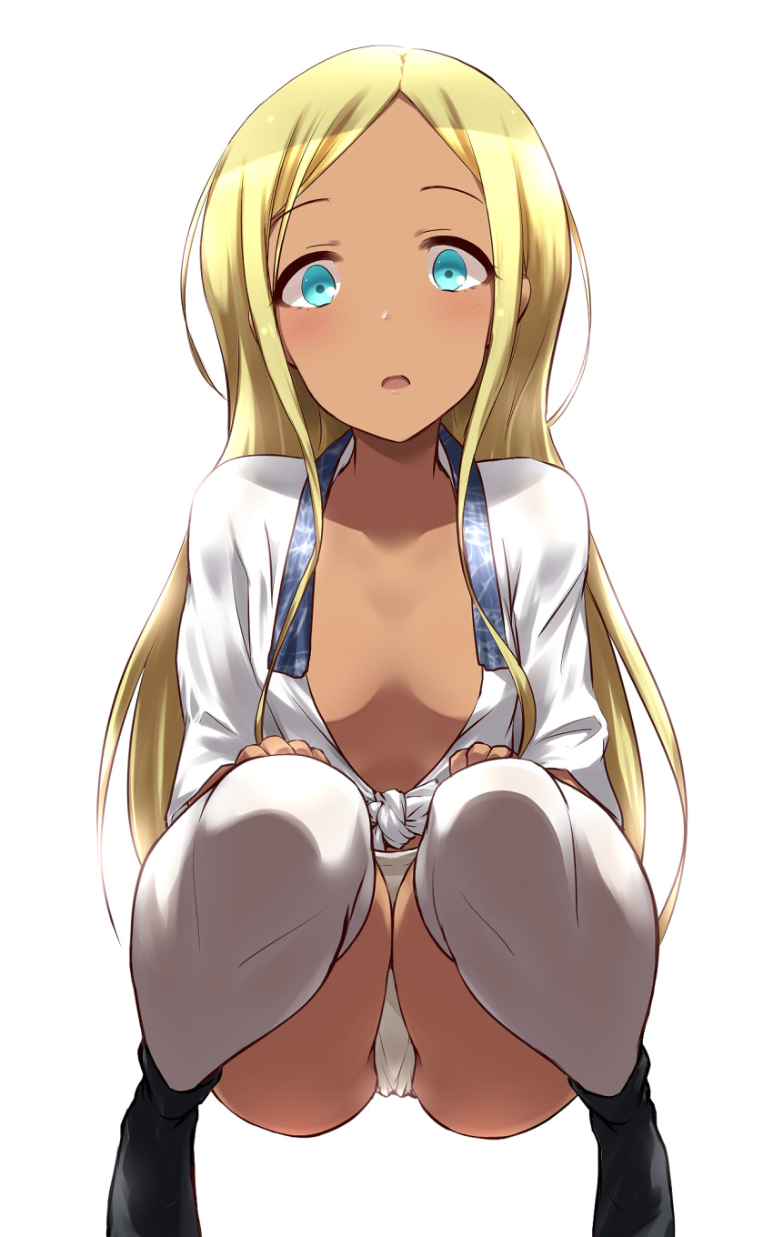 1girl :o ankle_boots bangs black_footwear blonde_hair blue_eyes blush boots breasts collarbone dark_skin forehead fundoshi hands_on_own_thighs happi idolmaster idolmaster_cinderella_girls japanese_clothes knees_together_feet_apart layla_(idolmaster) long_hair looking_at_viewer open_mouth parted_bangs shiny shiny_hair short_sleeves sidelocks simple_background small_breasts solo squatting straight_hair tango_(tn500) tareme thighhighs tied_cothes white_background white_legwear