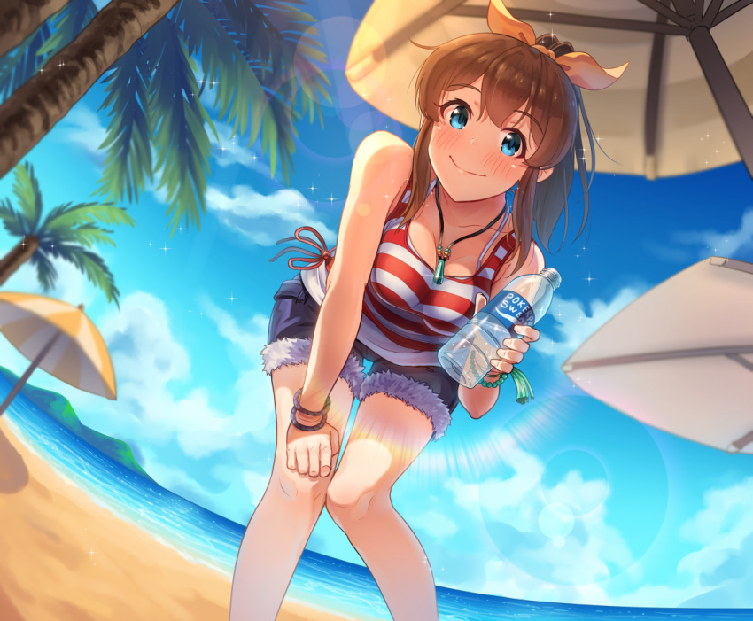 beach beach_umbrella bent_over blue_eyes blush bottle bow bracelet breasts brown_hair closed_mouth collarbone day denim denim_shorts eyebrows_visible_through_hair feet_out_of_frame hair_bow hand_on_own_knee holding holding_bottle idolmaster idolmaster_million_live! idolmaster_million_live!_theater_days jewelry kamille_(vcx68) large_breasts looking_at_viewer necklace ocean outdoors palm_tree satake_minako short_hair short_shorts shorts smile solo standing tree umbrella water_bottle yellow_bow