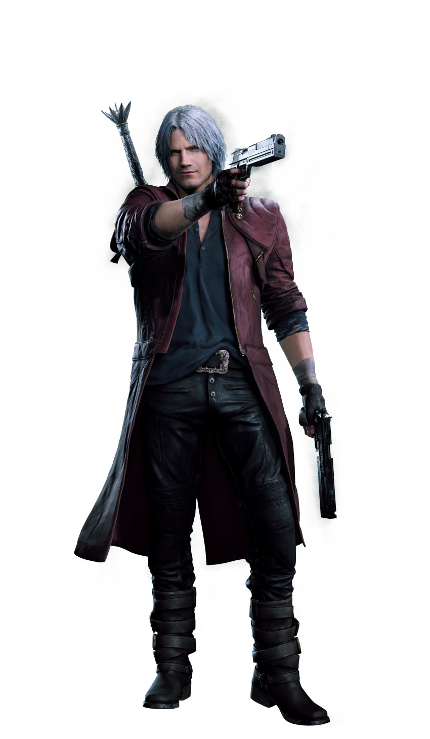 absurdres aiming_at_viewer beard boots capcom dante_(devil_may_cry) devil_may_cry devil_may_cry_5 facial_hair fingerless_gloves gloves gun handgun highres jacket looking_at_viewer official_art open_collar realistic red_jacket short_hair silver_hair simple_background solo stubble sword weapon weapon_on_back