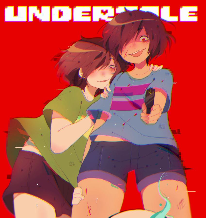 :p aiming_at_viewer bandaged_leg bandages blue_shirt blue_shorts blush brown_hair brown_shorts chara_(undertale) chariko chromatic_aberration commentary copyright_name crazy_eyes denim denim_shorts english_commentary eyebrows_visible_through_hair frisk_(undertale) glitch green_shirt gun hair_over_one_eye highres holding holding_gun holding_weapon nose_blush red_background red_eyes shiny shiny_hair shirt short_hair short_sleeves shorts simple_background solo tongue tongue_out undertale weapon