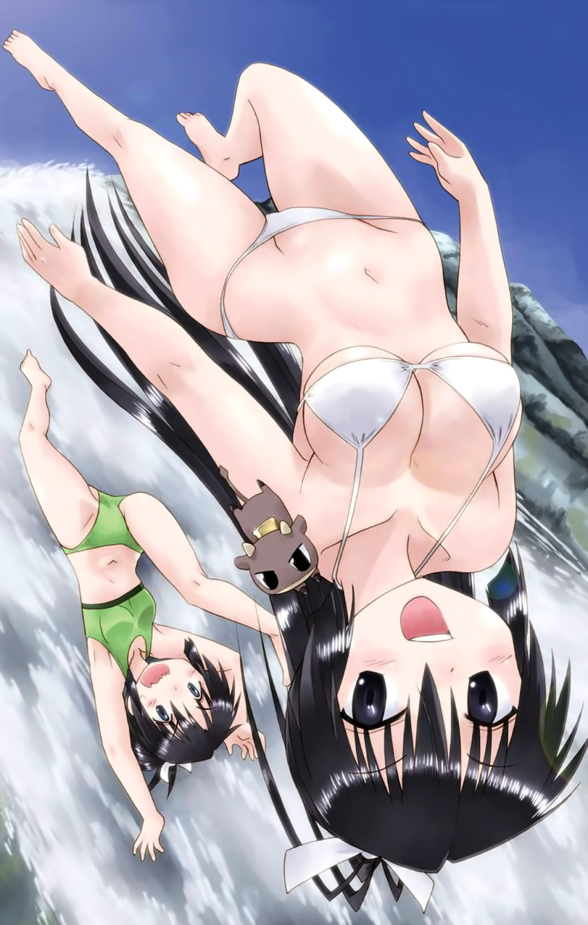 animal antenna_hair armpits arms_up ass_visible_through_thighs bangs bare_arms bare_legs bare_shoulders barefoot beef_jerky_(nagasarete_airantou) bikini black_eyes black_hair blue_sky breasts cleavage collarbone cow day eyebrows_visible_through_hair falling fujishiro_takeshi full_body green_bikini groin hair_tie highres kneepits legs long_hair medium_breasts midair mikoto_(nagasarete_airantou) multiple_girls nagasarete_airantou navel official_art open_mouth outdoors ponytail rock scan shinobu_(nagasarete_airantou) siblings sisters sky small_breasts sports_bikini swimsuit thighs underboob upper_teeth upside-down v-shaped_eyebrows water waterfall wavy_mouth white_bikini