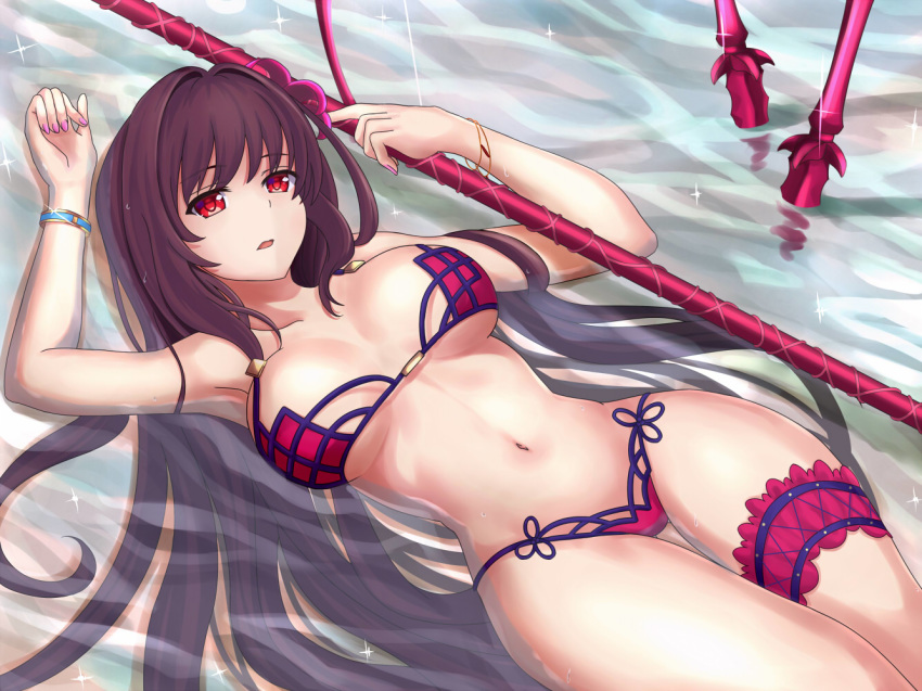 bikini breasts breasts_apart day fate/grand_order fate_(series) leg_garter lying medium_breasts on_back open_mouth outdoors rain red_eyes red_hair scathach_(fate)_(all) scathach_(swimsuit_assassin)_(fate) solo swimsuit water wet wet_hair wide_hips xyomouse