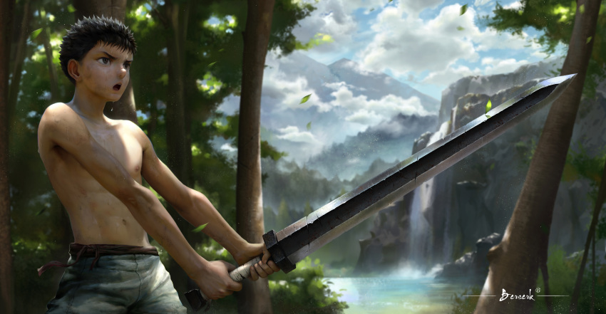 absurdres bare_chest beitemian berserk black_hair bush child cloud cloudy_sky copyright_name guts highres holding holding_weapon lake leaf male_focus nipples open_mouth outdoors short_hair sky solo training tree very_short_hair water waterfall weapon younger