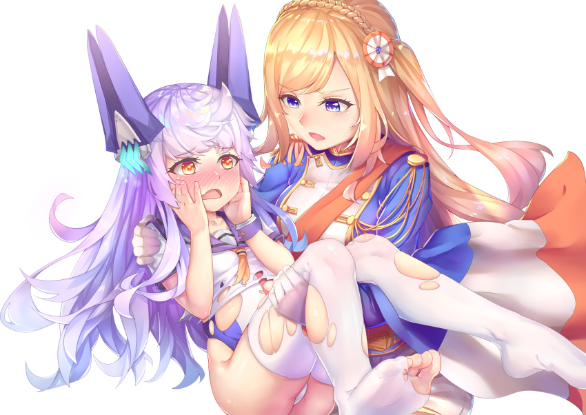 ass bangs blonde_hair blue_jacket blush braid breasts carrying collarbone commentary_request crown_braid d: eyebrows_visible_through_hair feet gloves hair_ornament hands_on_own_cheeks hands_on_own_face headgear highres jacket large_breasts le_fantasque_(zhan_jian_shao_nyu) long_hair long_sleeves military_jacket multiple_girls no_shoes nose_blush one_side_up open_mouth orange_neckwear princess_carry purple_eyes purple_sailor_collar ray_(pixiv9514208) red_eyes richelieu_(zhan_jian_shao_nyu) sailor_collar school_uniform serafuku shirt short_sleeves silver_hair soles swimsuit swimsuit_under_clothes thighhighs toes torn_clothes torn_legwear torn_shirt torn_swimsuit transparent_background very_long_hair white_gloves white_legwear white_shirt wrist_cuffs zhan_jian_shao_nyu