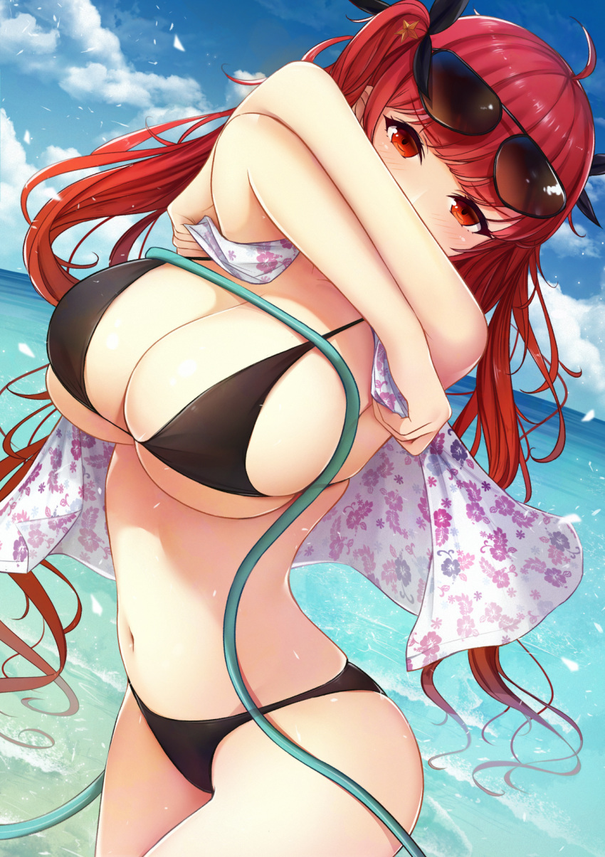 arched_back azur_lane bangs bikini black_bikini black_ribbon blue_sky blush breasts cleavage cloud cloudy_sky commentary_request cowboy_shot day embarrassed eyebrows_visible_through_hair eyewear_on_head fou_zi groin hair_between_eyes hair_ribbon highres honolulu_(azur_lane) hose huge_breasts long_hair looking_at_viewer navel ocean outdoors red_hair ribbon sideboob sky solo stomach sunglasses swimsuit thighs twintails underboob undressing water wet wet_clothes