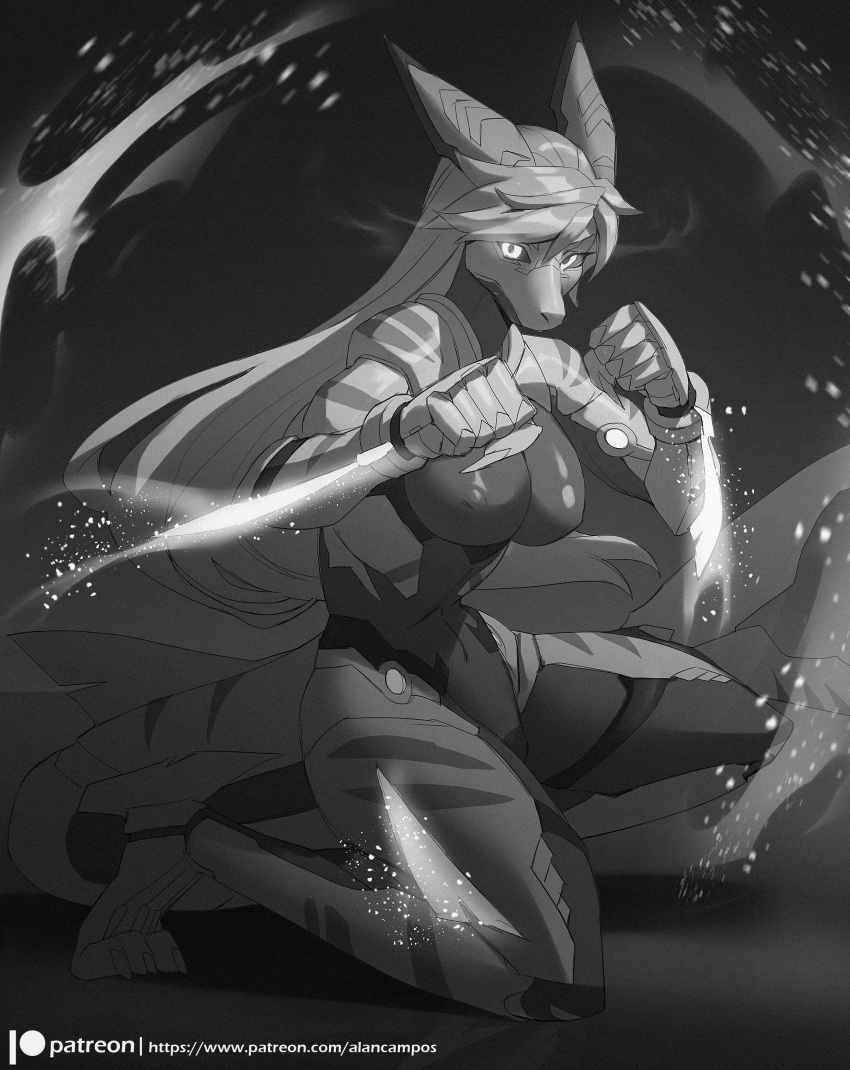 2018 5_fingers alanscampos anthro breasts clothed clothing digital_media_(artwork) female fish greyscale hair horn looking_at_viewer marine monochrome shark solo