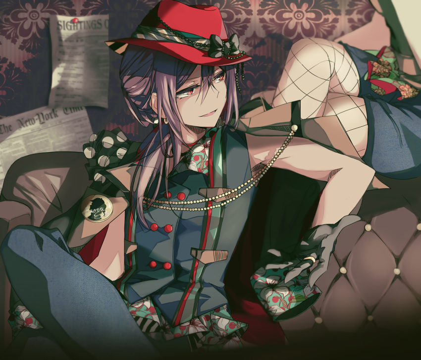 alice_(bzone4) bang_dream! bangs commentary couch crossed_legs dark detective earrings english_commentary fishnets gloves hair_between_eyes hat head_out_of_frame highres imai_lisa indoors jacket_on_shoulders jewelry long_hair looking_at_another multiple_girls new_york_times newspaper open_mouth ponytail purple_hair red_eyes red_hat ring seta_kaoru sitting skirt solo_focus thumbtack unmoving_pattern