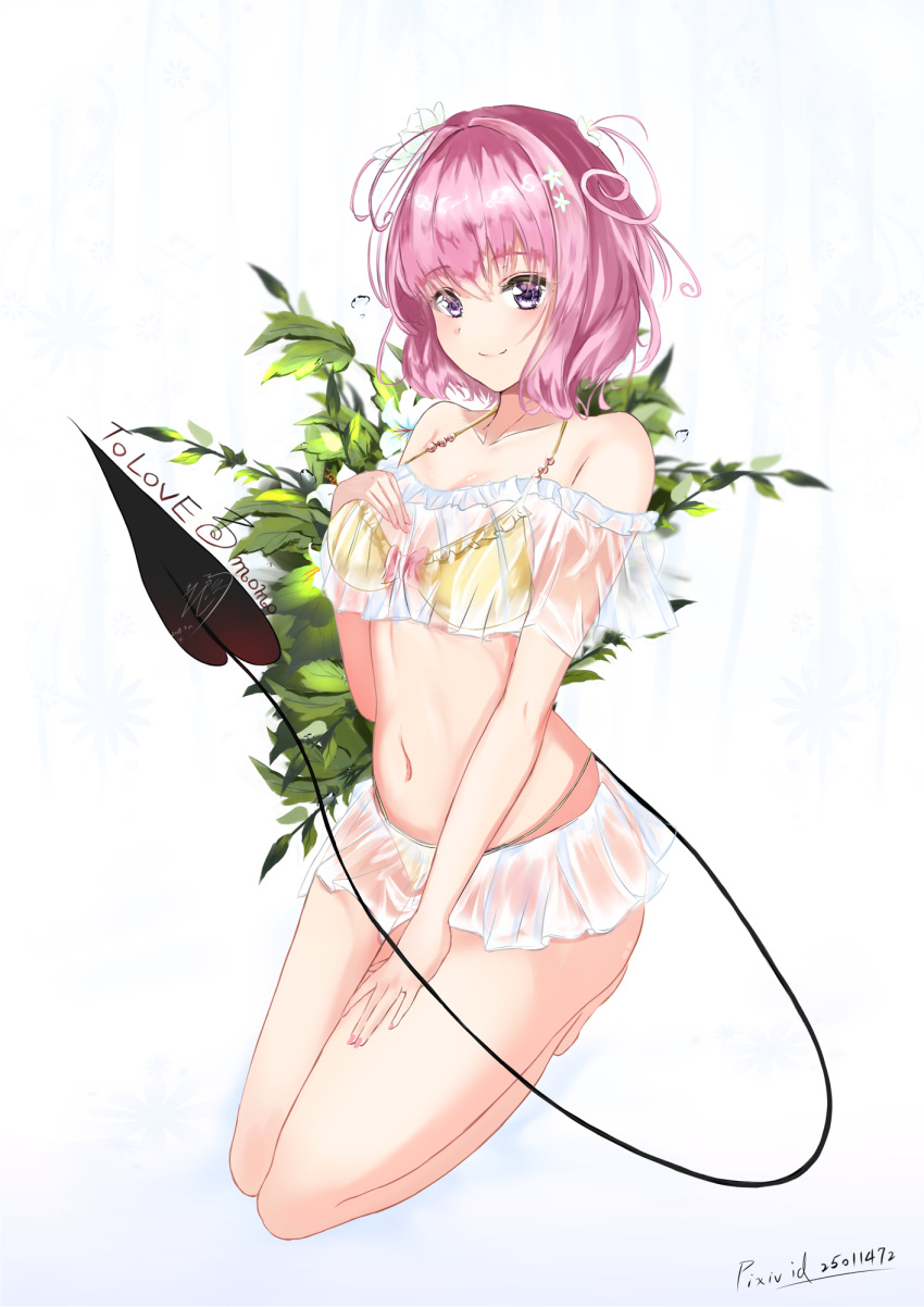 bangs bare_legs bare_shoulders barefoot bikini bikini_under_clothes blush bow character_name closed_mouth collarbone commentary_request copyright_name demon_tail eyebrows_visible_through_hair flower food fruit full_body hair_between_eyes hair_flower hair_ornament hand_on_own_chest hand_up highres kneeling momo_velia_deviluke nail_polish navel peach pink_hair pink_nails pixiv_id pleated_skirt purple_eyes see-through short_hair skirt smile solo swimsuit tail tail_raised teratsuki to_love-ru to_love-ru_darkness yellow_bikini