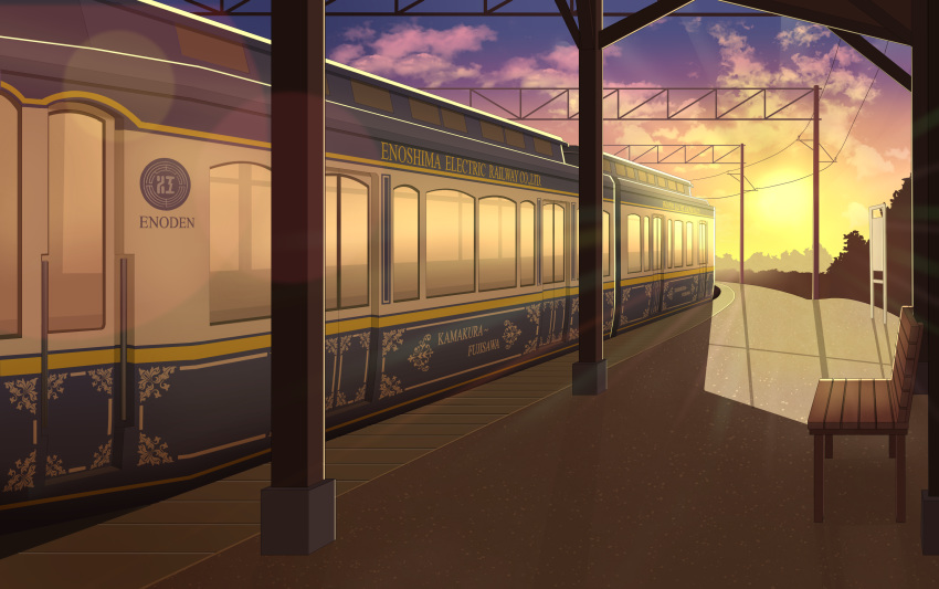 bench biako blue_skirt cloud cloudy_sky commentary_request evening gradient_sky ground_vehicle highres md5_mismatch no_humans original outdoors revision scenery skirt sky sun sunlight sunset train train_station yellow_sky