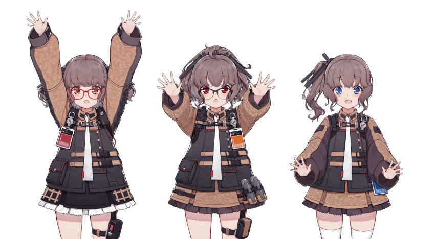 :d :o absurdres ags-30_(girls_frontline) ahoge arms_up bangs binoculars black-framed_eyewear black_skirt black_vest blush brown_eyes brown_shirt check_translation collared_shirt commentary cowboy_shot eyebrows_visible_through_hair girls_frontline glasses hammer_and_sickle headgear highres long_hair long_sleeves looking_at_viewer multiple_girls necktie open_mouth outstretched_arms over-rim_eyewear petticoat ponytail pouch puffy_long_sleeves puffy_sleeves red-framed_eyewear red_eyes semi-rimless_eyewear shirt side_ponytail sidelocks simple_background skindentation skirt smile spread_fingers star terras thigh_pouch thigh_strap thighhighs translation_request twintails vest wavy_hair white_background white_legwear white_neckwear zettai_ryouiki