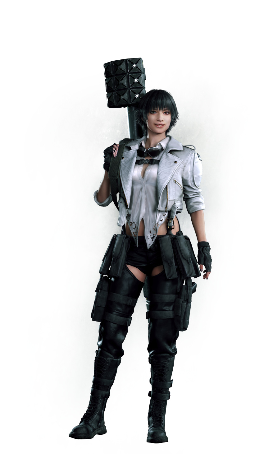 absurdres bazooka black_hair black_legwear boots capcom chaps devil_may_cry devil_may_cry_5 fingerless_gloves full_body gloves goggles goggles_around_neck heterochromia highres jacket lady_(devil_may_cry) looking_at_viewer official_art realistic short_hair simple_background smile solo suspenders weapon weapon_on_back