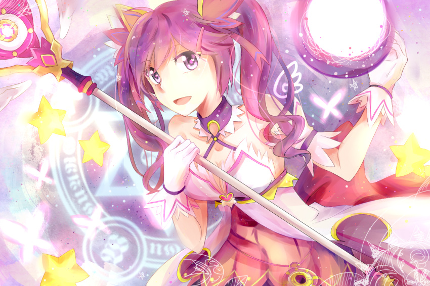 aisha_(elsword) arm_up back_bow bangs bare_shoulders bow breasts cleavage collarbone commentary_request crescent criss-cross_halter curly_hair detached_collar dimension_witch_(elsword) elsword eyebrows_visible_through_hair gloves hair_ornament hairclip halterneck heart holding holding_staff long_hair looking_at_viewer magic magic_circle magical_girl open_mouth pixiv13573939 purple_eyes purple_hair purple_skirt red_bow skirt smile solo staff star twintails white_gloves