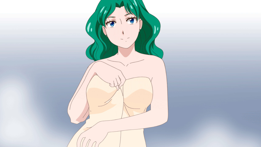 animated animated_gif areolae bishoujo_senshi_sailor_moon blinking blue_background blue_eyes bouncing_breasts breasts closed_mouth commentary earrings english_commentary green_earrings green_hair head_tilt highres jewelry kaiou_michiru large_breasts long_hair looking_at_viewer naked_towel nipples rikeza sailor_neptune simple_background smile solo stud_earrings towel white_background yellow_towel
