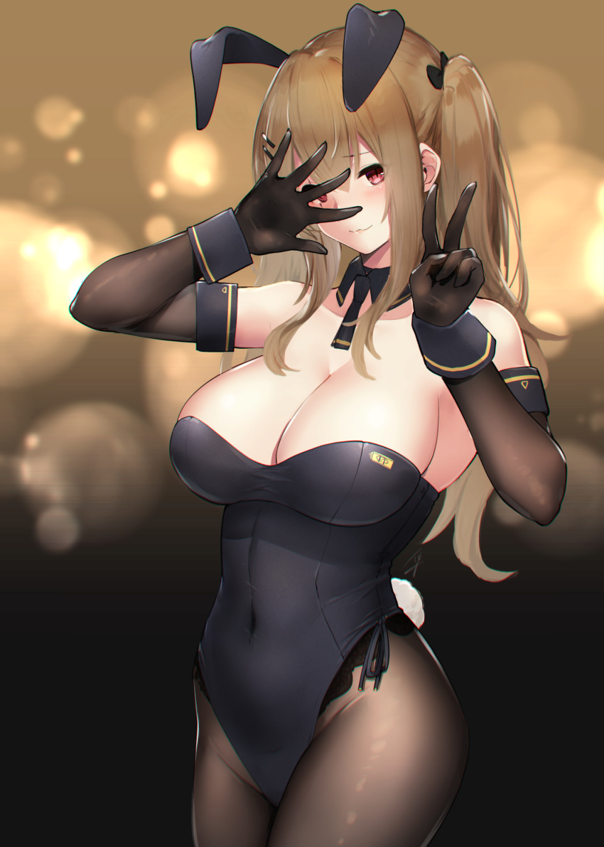 404_logo_(girls_frontline) :3 alternate_costume animal_ears bangs bare_shoulders black_gloves black_legwear black_leotard blurry blurry_background blush breasts brown_eyes brown_hair bunny_ears bunny_girl bunny_tail bunnysuit cleavage closed_mouth commentary_request covered_navel cowboy_shot detached_collar elbow_gloves eyebrows_visible_through_hair fake_animal_ears girls_frontline gloves groin hair_between_eyes hair_ornament hairclip hand_up hayabusa highres indoors large_breasts leotard long_hair looking_at_viewer pantyhose scar scar_across_eye sidelocks signature skindentation smile tail twintails ump9_(girls_frontline) v wrist_cuffs