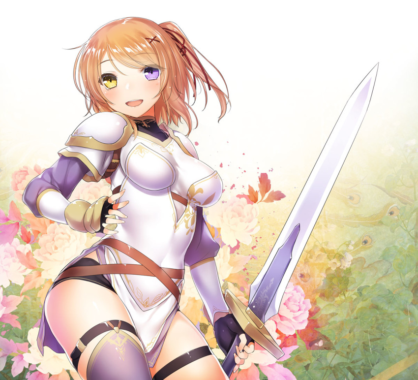 47agdragon :d armor belt black_gloves blush breasts brown_hair commentary_request contrapposto cowboy_shot dress eyebrows_visible_through_hair fingerless_gloves flower gloves hair_ornament hair_ribbon hairclip heterochromia holding holding_sword holding_weapon large_breasts long_sleeves looking_at_viewer open_mouth pelvic_curtain pink_flower pink_rose purple_eyes red_ribbon ribbon rose short_dress short_hair shoulder_armor smile solo spaulders sword tensei_kyuuketsuki_san_wa_ohirune_ga_shitai thigh_strap weapon x_hair_ornament yellow_eyes