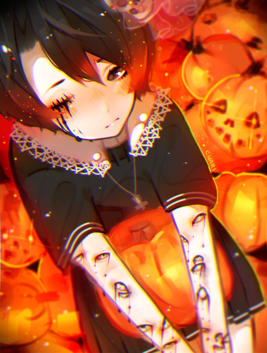 artist_name black_shirt black_skirt blush brown_hair chariko chromatic_aberration chromatic_aberration_abuse closed_mouth commentary double_horizontal_stripe english_commentary extra_eyes guro half-closed_eye halloween highres jack-o'-lantern jewelry long_sleeves looking_at_viewer necklace nose_blush orange_(color) original peter_pan_collar phone pleated_skirt pumpkin shirt short_hair short_sleeves skirt solo stitches