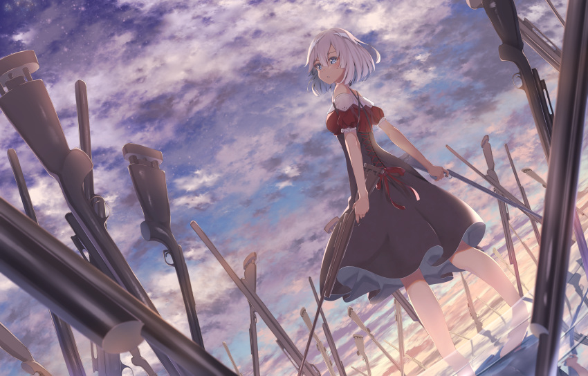 absurdres akausuko black_dress blue_eyes blue_sky cloud commentary_request dress dual_wielding dutch_angle fantasy full_body gun highres holding holding_gun holding_weapon original outdoors planted_weapon short_hair sky solo standing sunset water weapon white_hair