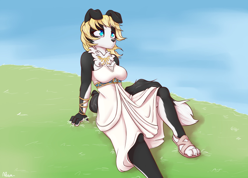 2018 4_fingers 4_toes alasou anthro black_nose blonde_hair blue_eyes breasts canine clothed clothing day detailed_background digital_media_(artwork) dog dress female hair mammal outside sitting sky solo toes