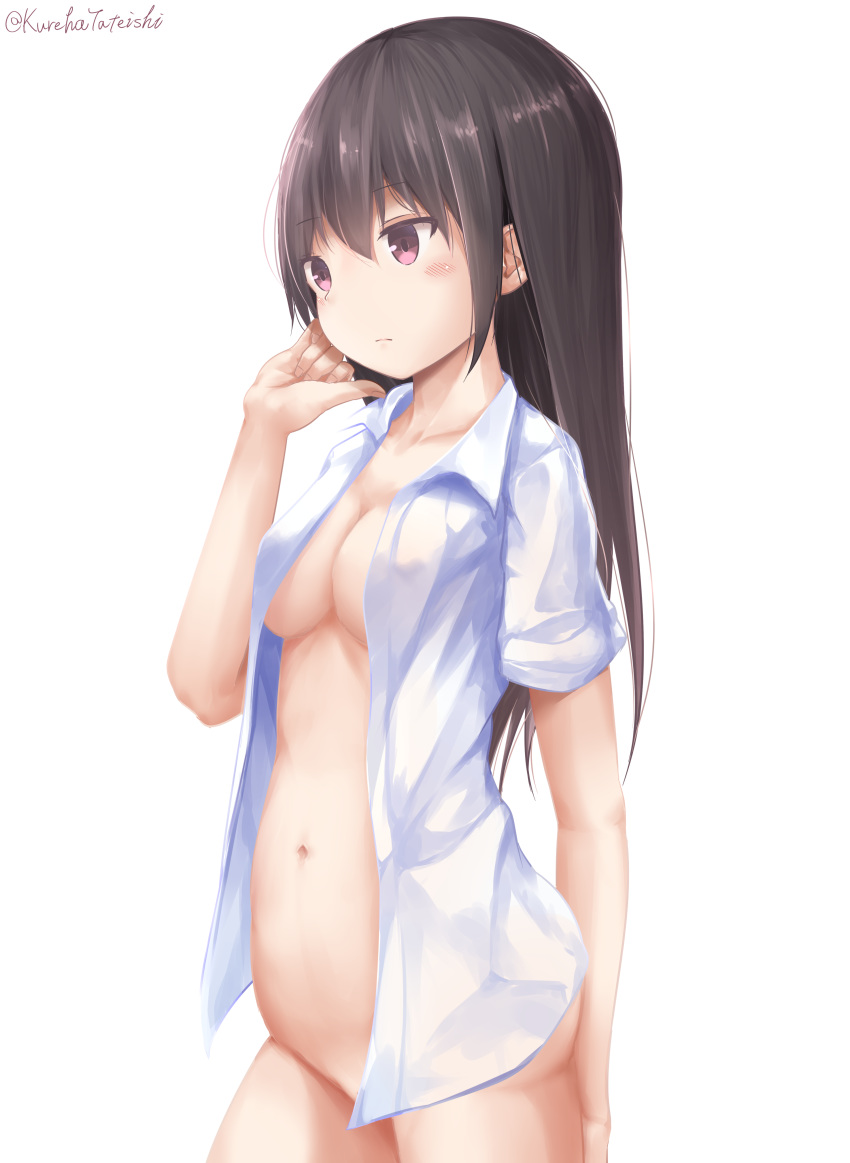 absurdres bangs blush breasts brown_hair closed_mouth collarbone dress_shirt eyebrows_visible_through_hair fingernails groin hair_between_eyes hamayuu_(litore) hand_up highres long_hair looking_away medium_breasts naked_shirt navel open_clothes open_shirt original purple_eyes shirt short_sleeves simple_background solo twitter_username very_long_hair white_background