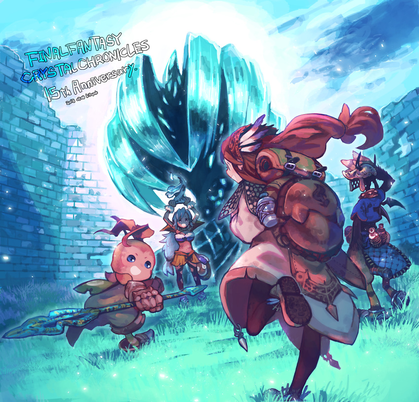 1other 2girls :d anniversary arms_up backpack bag bat_wings black_legwear black_wings blue_eyes blue_hair breasts brown_hair clavat copyright_name dated dress feathers final_fantasy final_fantasy_crystal_chronicles final_fantasy_crystal_chronicles:_ring_of_fates grass highres holding holding_spear holding_weapon kitaya large_breasts leg_up lilty long_hair low-tied_long_hair multiple_girls open_mouth pantyhose polearm selkie smile spear weapon white_dress wings yuke