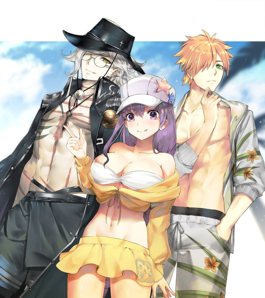 2boys abs bare_shoulders bb_(fate)_(all) bb_(swimsuit_mooncancer)_(fate) black_shorts blue_sky breasts chest_scar cloak commentary_request edmond_dantes_(fate/grand_order) fate/grand_order fate_(series) fedora glasses green_eyes hair_over_one_eye hat highres hips jacket jewelry large_breasts long_hair monte_cristo_selection multiple_boys navel necklace off_shoulder open_clothes open_jacket orange_hair purple_eyes purple_hair robin_hood_(fate) scar shorts skirt sky star tattoo teddy_(khanshin) thighs tied_hair very_long_hair wavy_hair white_bikini_top white_hair white_shorts yellow_eyes yellow_jacket yellow_skirt