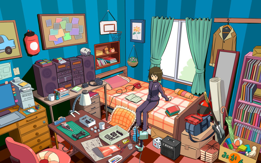 1girl alarm_clock amplifier bag basketball_hoop bed blush book book_stack brown_hair bulletin_board cd_case circuit_board clock clothes_hanger coat coat_removed coffee_mug commentary_request computer_tower cup curtains desk desk_lamp dice duffel_bag electric_fan eyebrows_visible_through_hair famicom flower_basket game_console green_curtains guitar headphones headphones_removed indoors instruction_manual instrument lamp monitor mouse_(computer) mug on_bed original painting_(object) phone piggy_bank pillow pliers rotary_phone rubik's_cube short_hair sitting solo striped stuffed_animal stuffed_toy swivel_chair teddy_bear track_suit umbrella vase vertical_stripes window wire_cutters