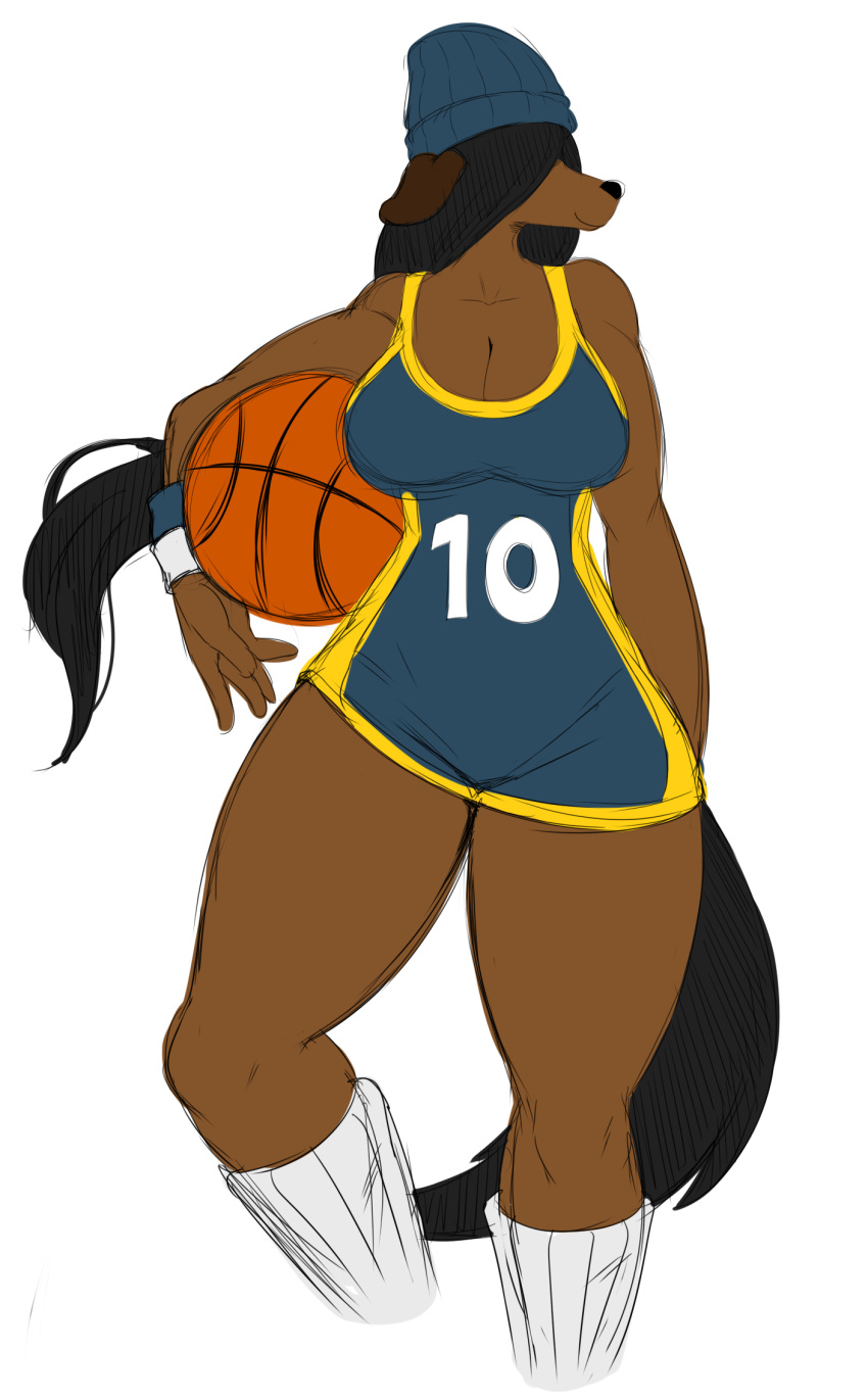 anthro ball basketball_(ball) beanie big_breasts breasts brown_fur canine clothing connie_(sssonic2) dog female fur hair hair_over_eye hat hi_res holding_ball leg_warmers legwear mammal simple_background smile solo sssonic2 sweatband thick_thighs white_background