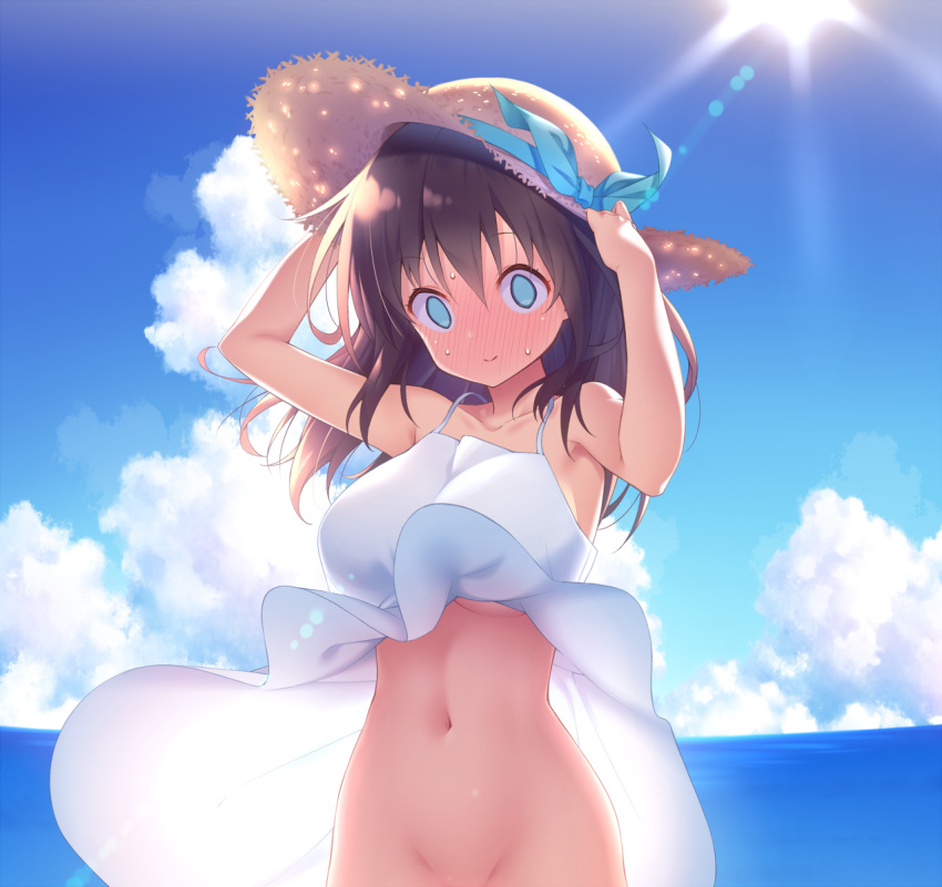 arms_up bangs bare_shoulders beach blue_eyes blue_sky blush breasts brown_hair closed_mouth cloud collarbone day dress embarrassed empty_eyes full-face_blush groin hat hat_ribbon highres ichi_makoto large_breasts long_hair looking_at_viewer navel no_bra no_panties ocean original out-of-frame_censoring outdoors ribbon sky sleeveless sleeveless_dress solo stomach straw_hat sun_hat sundress sweat sweating_profusely underboob white_dress wide-eyed wind wind_lift