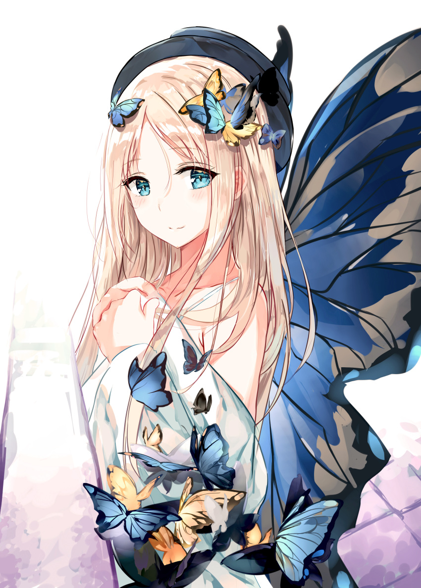 abigail_williams_(fate/grand_order) absurdres bangs bare_shoulders black_hat blonde_hair blue_eyes blue_wings blush butterfly_hair_ornament butterfly_wings closed_mouth commentary_request dress eyebrows_visible_through_hair fallen_heaven fate/grand_order fate_(series) hair_between_eyes hair_ornament hands_up hat highres long_hair long_sleeves off-shoulder_dress off_shoulder parted_bangs simple_background smile solo very_long_hair white_background white_dress wide_sleeves wings