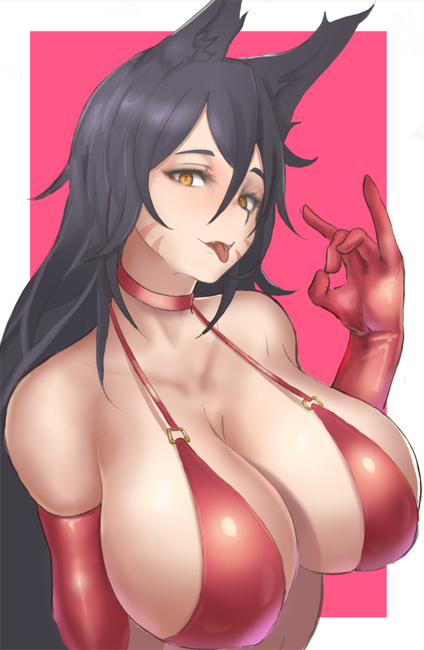 1girl ahri animal_ears bikini bikini_top black_hair breasts choker cleavage fox_ears gloves js_(wlstjd9595) large_breasts league_of_legends long_hair open_mouth red_bikini red_gloves swimsuit tongue tongue_out yellow_eyes
