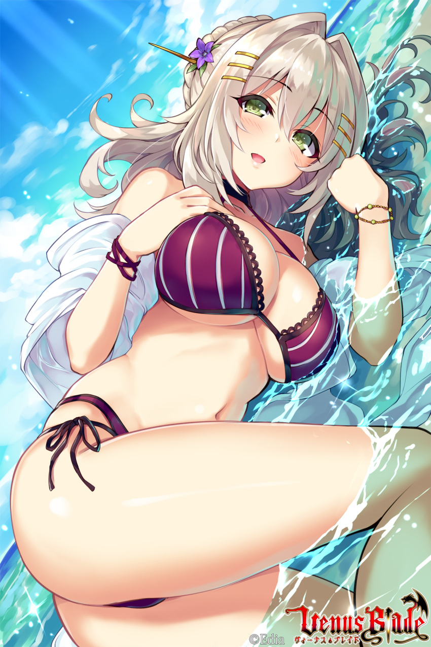 :d ass bangs bikini blue_sky blush breasts character_request cleavage cloud copyright_name day eyebrows_visible_through_hair flower green_eyes hair_between_eyes hair_flower hair_intakes hair_ornament hairclip hands_up highres hisenkaede horizon large_breasts light_brown_hair long_hair lying navel ocean on_side open_mouth outdoors purple_bikini purple_flower shallow_water side-tie_bikini sky smile solo striped swimsuit venus_blade vertical-striped_bikini vertical_stripes very_long_hair water watermark