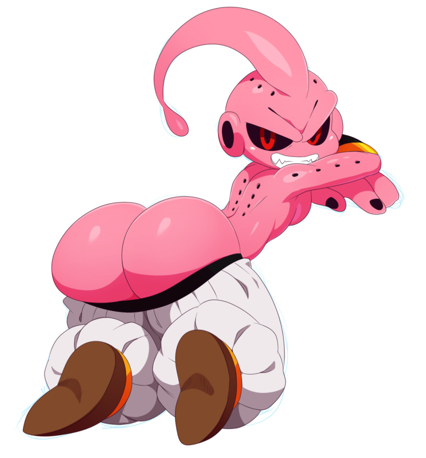 alien armband big_butt black_nails black_sclera butt clothing colored_nails dragon_ball footwear hi_res humanoid kid_buu looking_at_viewer majin majin_buu male monster not_furry pink_skin presenting presenting_hindquarters red_eyes simple_background smile solo sssonic2