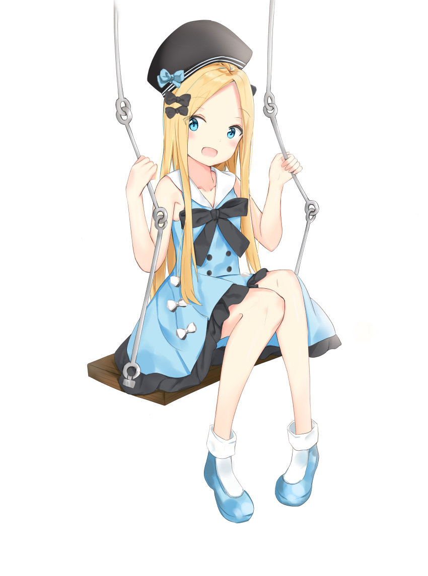 :d abigail_williams_(fate/grand_order) absurdres bangs bare_shoulders black_bow black_hat blonde_hair blue_bow blue_dress blue_eyes blue_footwear blush bobby_socks bow collarbone commentary_request dress eyebrows_visible_through_hair fate/grand_order fate_(series) forehead hair_bow hands_up hat hat_bow highres holding long_hair open_mouth parted_bangs shoes simple_background sitting sleeveless sleeveless_dress smile socks solo swing very_long_hair white_background white_bow white_legwear yukaa