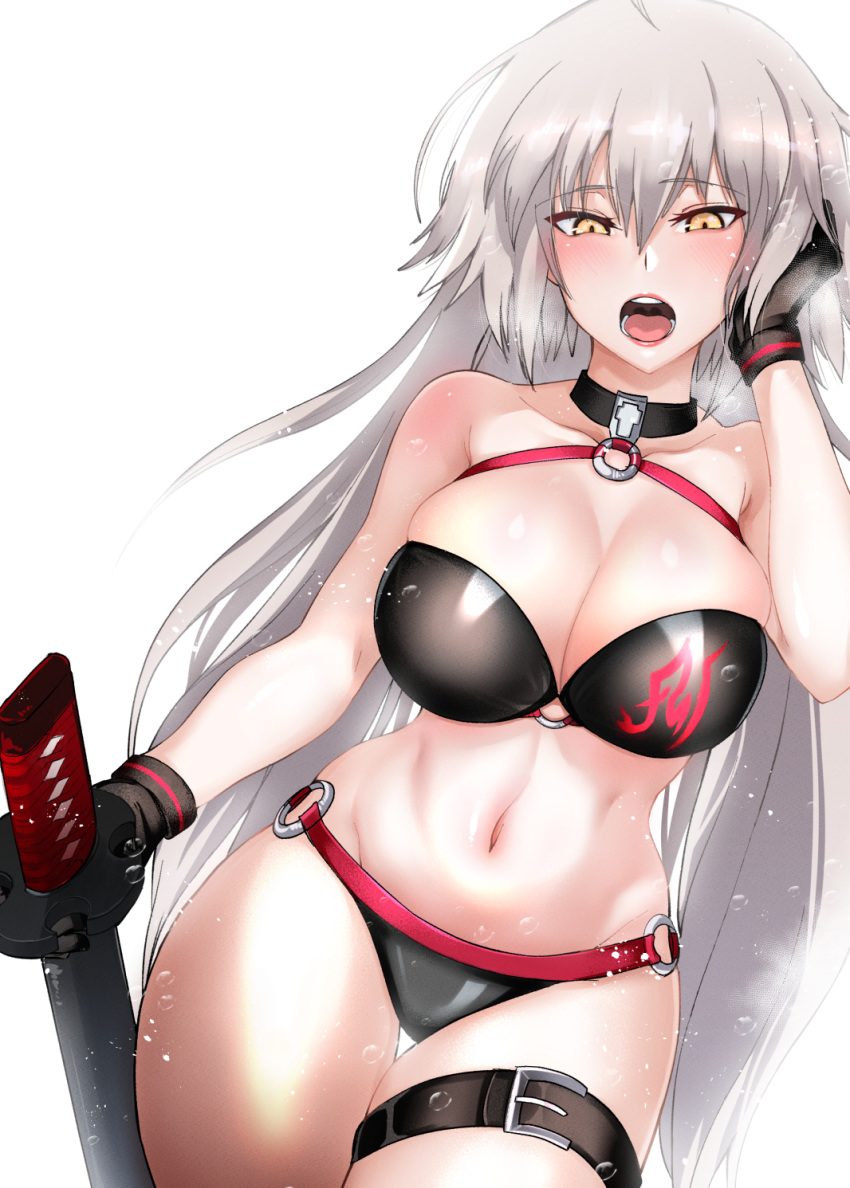ahoge bangs bikini black_bikini black_choker blush breasts choker cleavage commentary_request cowboy_shot eyebrows_visible_through_hair fate/grand_order fate_(series) gloves hair_between_eyes hand_on_own_head highres holding holding_sword holding_weapon jeanne_d'arc_(alter_swimsuit_berserker) jeanne_d'arc_(fate)_(all) katana large_breasts long_hair looking_at_viewer navel o-ring o-ring_bikini o-ring_bottom o-ring_top open_mouth saku_(saku1151) sheath sheathed silver_hair simple_background solo standing swimsuit sword thigh_strap weapon white_background yellow_eyes