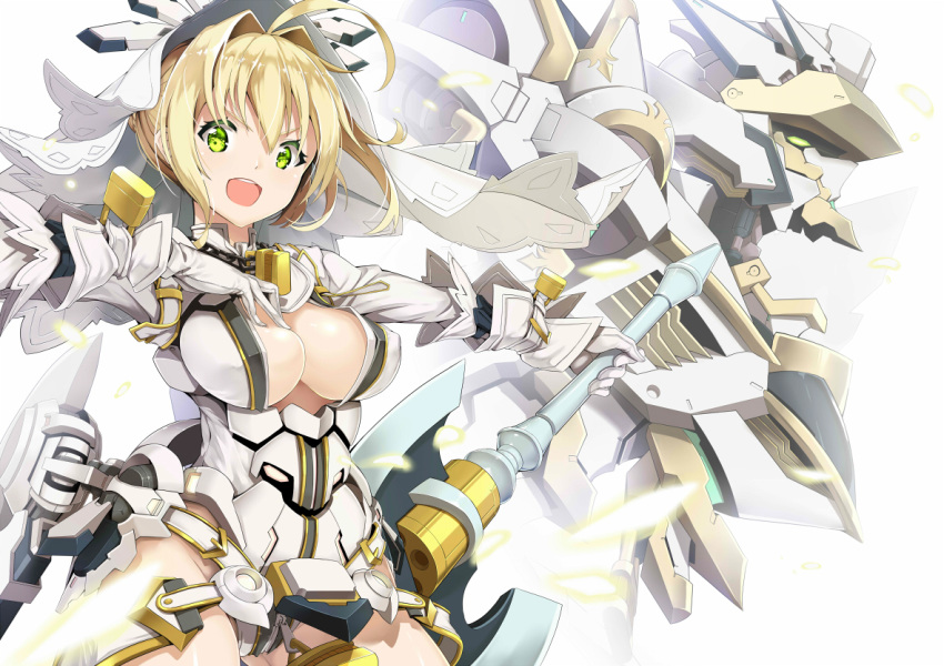 :d adapted_costume ahoge axe bangs battle_axe belt belt_buckle blonde_hair breasts bridal_veil buckle center_opening chain commentary_request cowboy_shot fate/extra fate/extra_ccc fate_(series) floating_hair gloves green_eyes hair_between_eyes hair_bun hair_intakes hand_on_own_chest hand_up head_tilt holding holding_axe holding_weapon jie_laite large_breasts leotard light_particles lock long_sleeves looking_at_viewer mecha nero_claudius_(bride)_(fate) nero_claudius_(fate)_(all) open_mouth outstretched_arm padlock shiny shiny_hair short_hair sidelocks smile standing upper_teeth v-shaped_eyebrows veil weapon white_armor white_belt white_gloves white_leotard zipper zipper_pull_tab