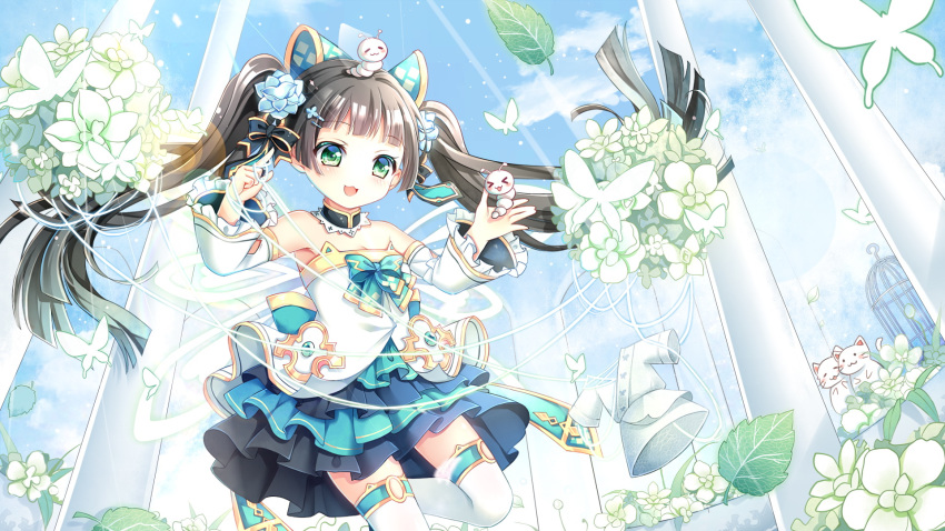 &gt;_&lt; :3 :d animal animal_on_head aqua_bow ark_order bangs bare_shoulders birdcage black_bow blue_hair blue_sky blunt_bangs blush bow brown_hair bug butterfly cage cat caterpillar character_request chinese_commentary commentary_request day detached_collar detached_sleeves dress flower frilled_sleeves frills green_eyes gyaza hair_bow hair_flower hair_ornament hairclip hands_up heart highres holding holding_animal insect insect_on_head layered_dress leg_up long_hair long_sleeves on_head open_mouth pillar sky smile solo string thighhighs twintails very_long_hair white_flower white_legwear white_wings wings