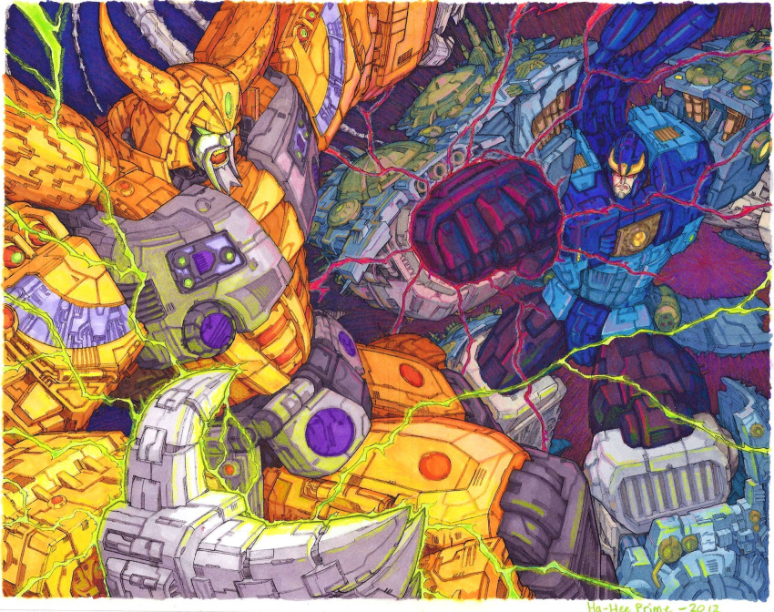 alien battle claws colorized commentary don_figueroa duel electricity energy english_commentary glowing glowing_eyes green_eyes ha-heeprime highres horns male_focus mecha multiple_boys no_humans oldschool planet primus red_eyes robot science_fiction space super_robot transformers transformers_armada transformers_cybertron unicron