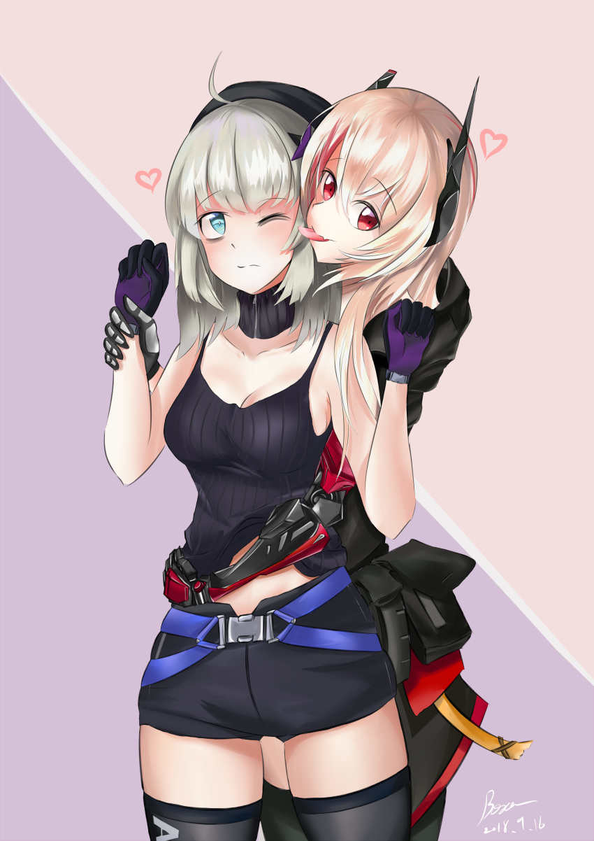 aa-12_(girls_frontline) absurdres ahoge airbo amputee blue_eyes breasts cleavage commentary_request eyebrows_visible_through_hair face_licking girls_frontline gloves hair_between_eyes heart highres licking long_hair m4_sopmod_ii_(girls_frontline) mechanical_arm multiple_girls one_eye_closed pink_hair prosthesis prosthetic_arm purple_gloves red_eyes short_shorts shorts silver_hair tank_top thighhighs thighs yuri