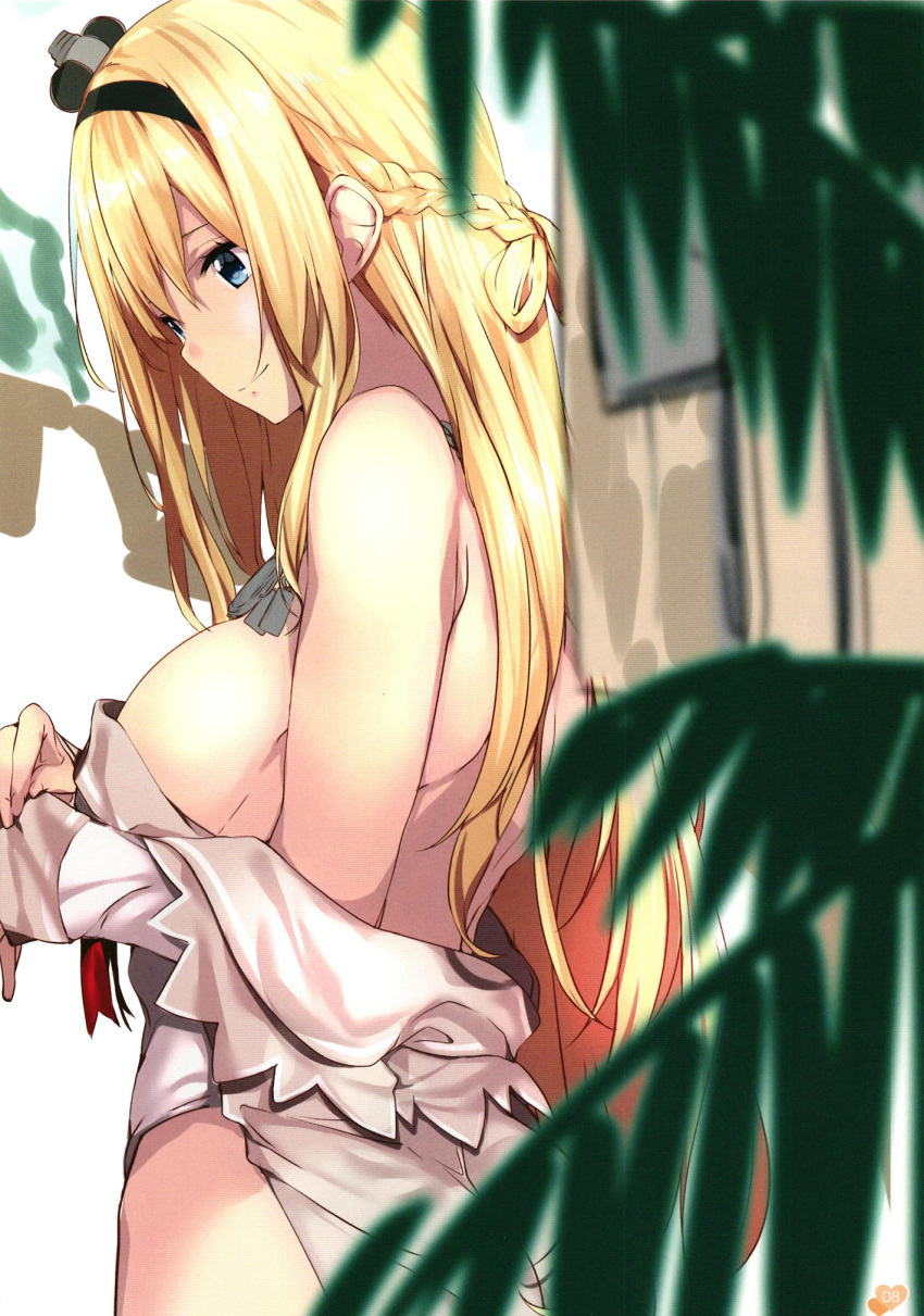 ass blonde_hair blue_eyes braid breasts corset crown dress french_braid gintarou_(kurousagi108) hairband highres jewelry kantai_collection long_hair long_sleeves mini_crown necklace off-shoulder_dress off_shoulder red_ribbon ribbon scan undressing warspite_(kantai_collection) white_dress