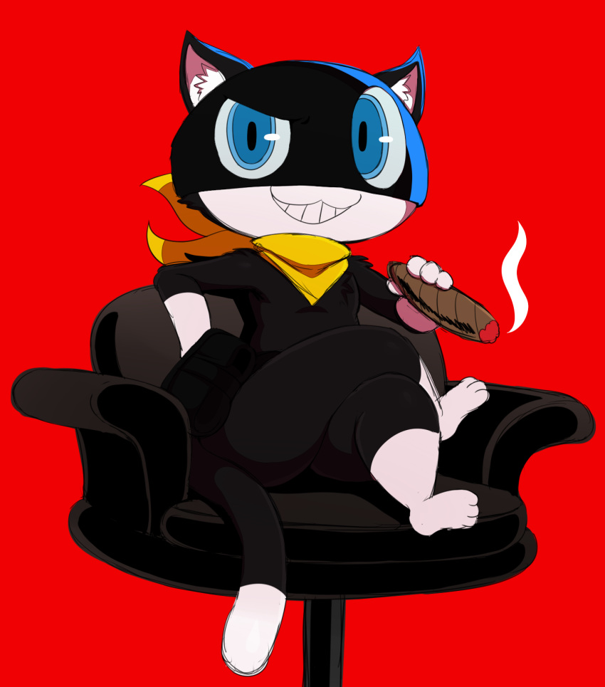 anthro bandanna belt black_fur blue_eyes cat chair cigar feline fur grin hi_res inner_ear_fluff looking_at_viewer male mammal megami_tensei morgana_(persona) multicolored_fur paws persona persona_5 simple_background sitting smile solo sssonic2 thick_thighs two_tone_fur white_fur wide_hips