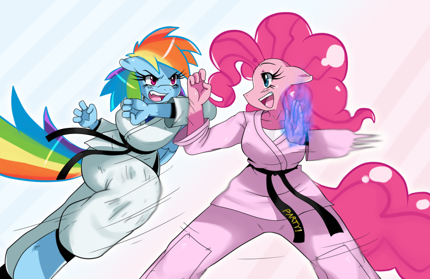 anthro anthrofied black_belt blue_feathers blue_fur digital_media_(artwork) duo earth_pony equine feathered_wings feathers female fight friendship_is_magic fur hair horse karate_gi mammal martial_arts multicolored_hair multicolored_tail my_little_pony pegasus pink_fur pinkie_pie_(mlp) pony rainbow_dash_(mlp) rainbow_hair rainbow_tail simple_background sssonic2 white_background wings