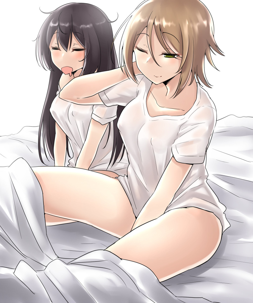 absurdres arm_behind_head bed_sheet between_legs black_hair blush breasts brown_hair collarbone covered_nipples eyebrows_visible_through_hair green_eyes hand_between_legs highres kantai_collection kiritto large_breasts long_hair messy_hair multiple_girls mutsu_(kantai_collection) nagato_(kantai_collection) no_pants one_eye_closed open_mouth perky_breasts see-through shirt short_hair simple_background sitting smile under_covers waking_up white_background white_shirt